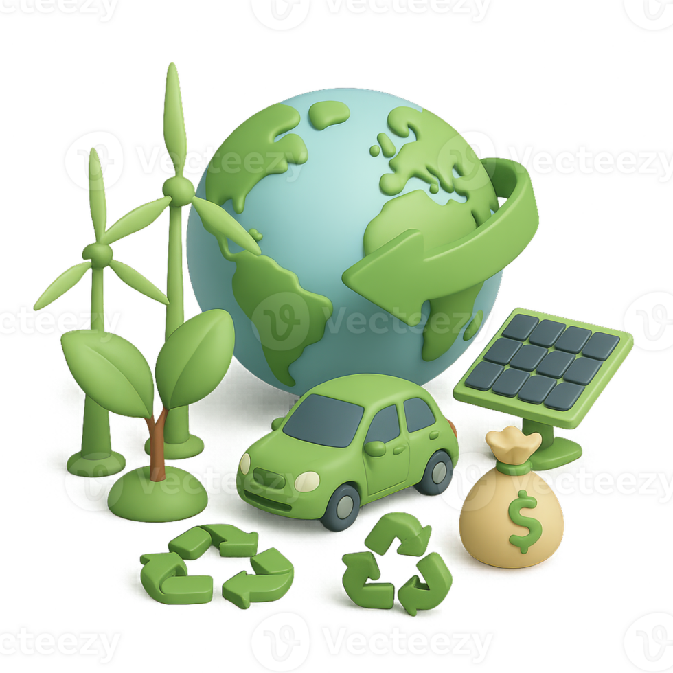 Green Economy Concept in 3D with Eco-Friendly Symbols and Elements png