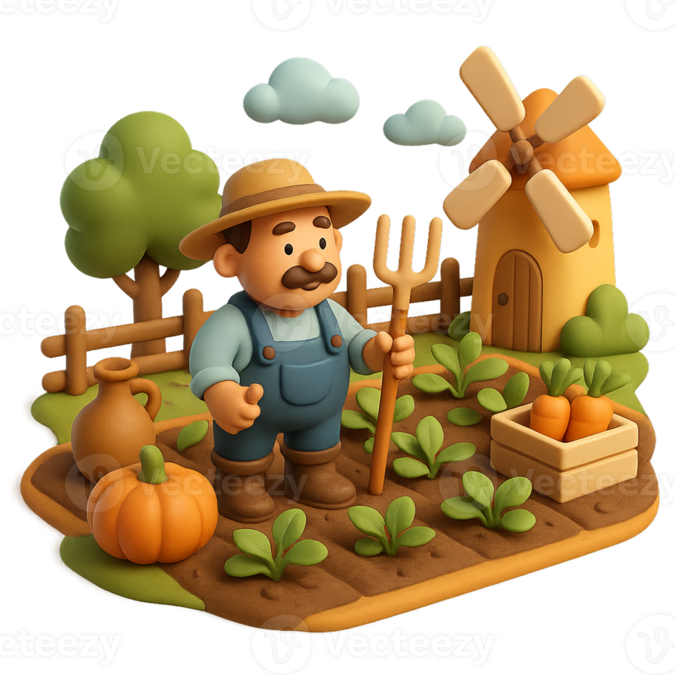 Vibrant 3D Organic Farming Scene with a Farmer and Windmill png