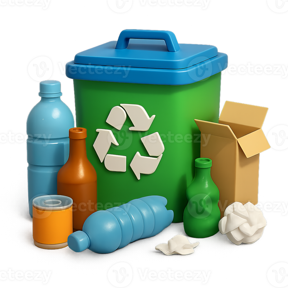 3D Rendering of Recycling Bin with Various Waste Materials png