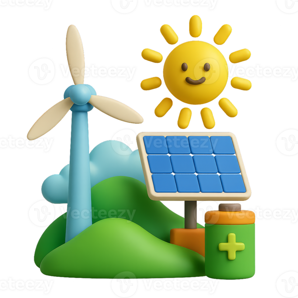 3D Clean Energy Cartoon Elements with Solar and Wind Power Concept png