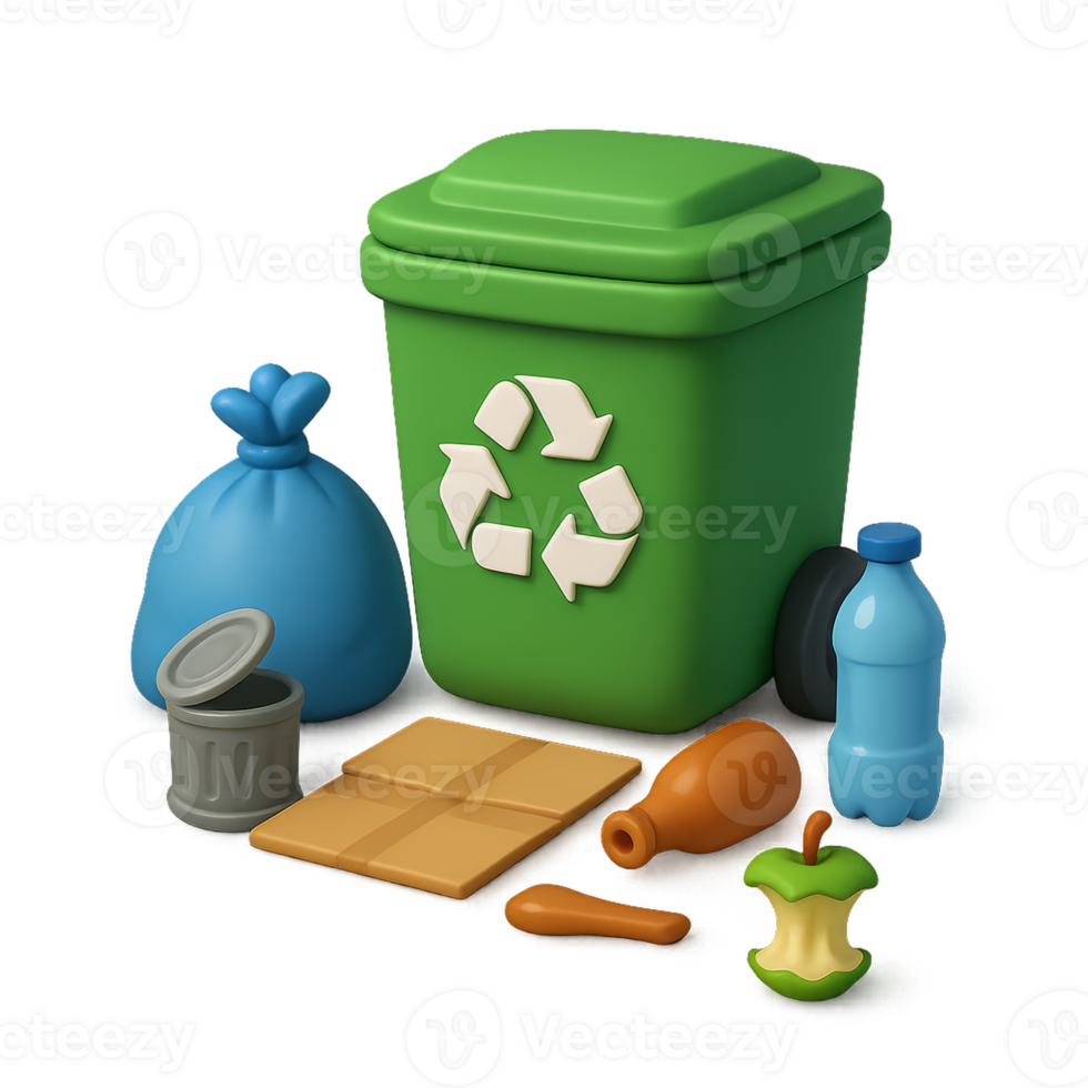 3D Illustration of Waste Management with Recycling Bin and Trash Items png