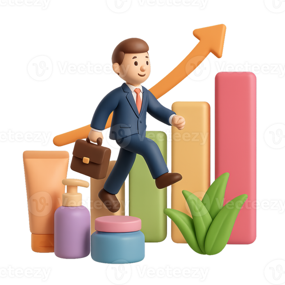 3D Illustration of Businessman Jumping Over Skincare Product Growth png