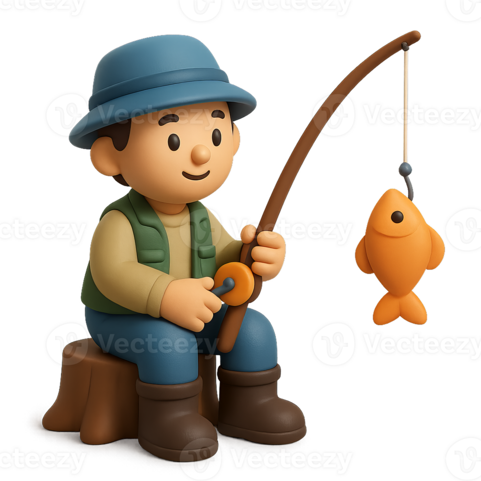 Simple 3D Scene of a Young Boy Fishing with a Rod and Reel png