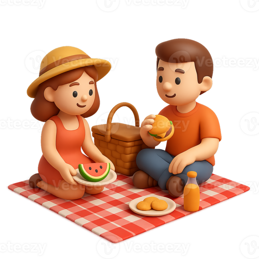 Charming 3D Picnic Scene with Two Characters Enjoying Food png