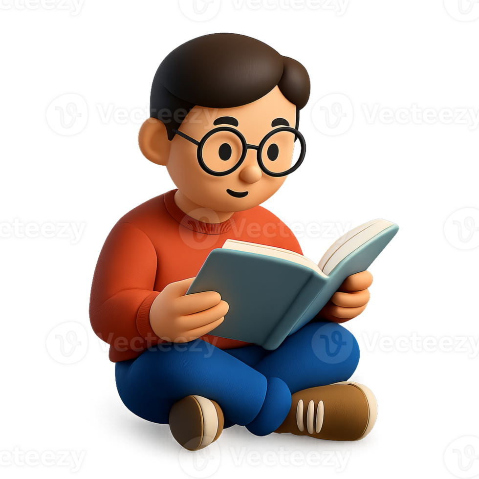 Young Boy Reading with 3D Objects in a Simple and Colorful Style png