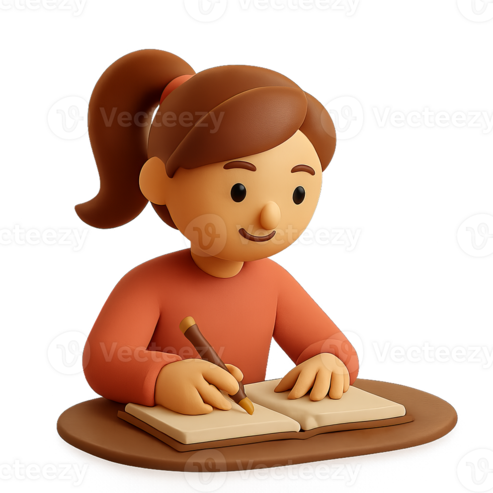 Simple 3D Character Journaling in a Cozy Scene with Notebook png