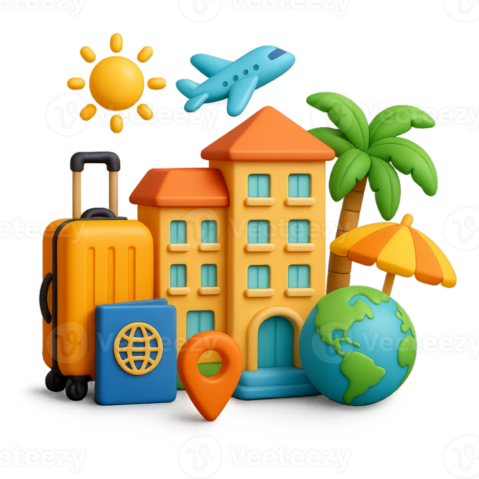 Colorful 3D Elements Representing Tourism and Travel Concepts png