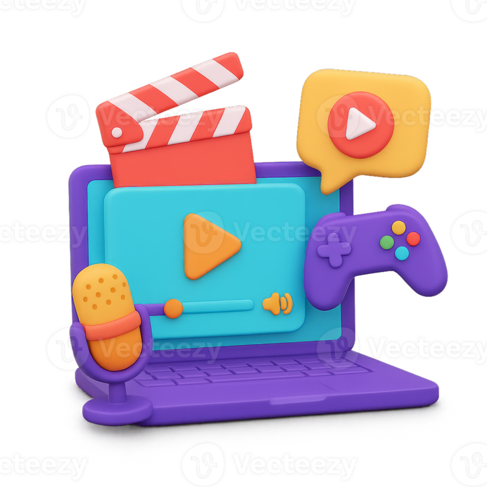 Creative 3D Representation of Streaming Content on Modern Laptop png