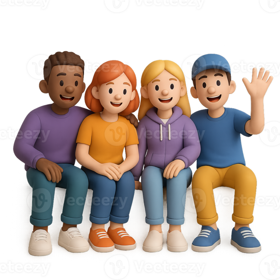 3D Cartoon Friends Gathering Together in a Simple Setting png