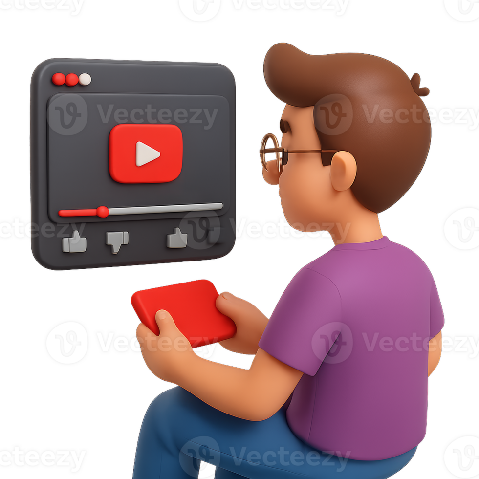 3D Animation of a Young Person Watching YouTube Content at Home png