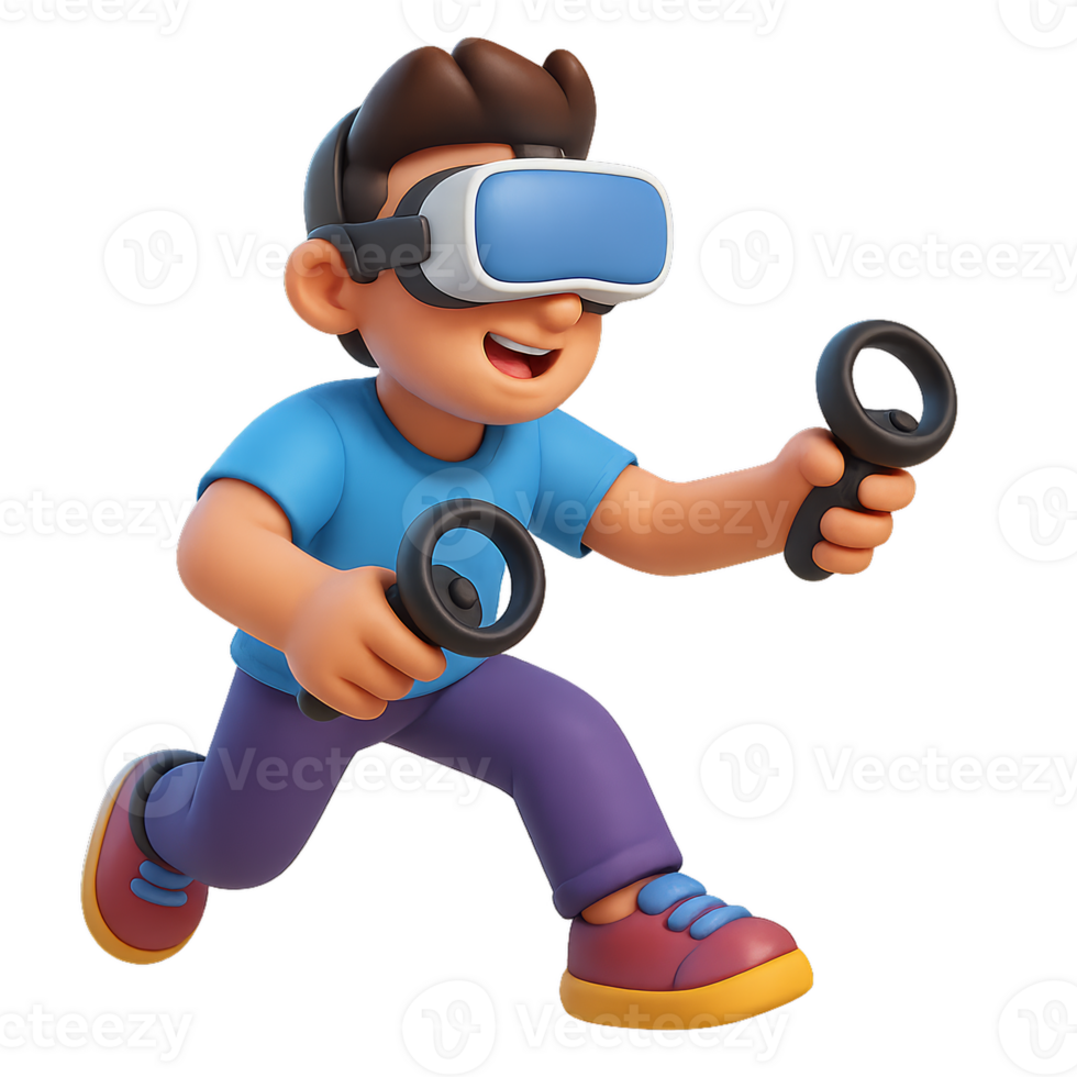 Engaging Boy in Virtual Reality Game with 3D Headset and Controllers png