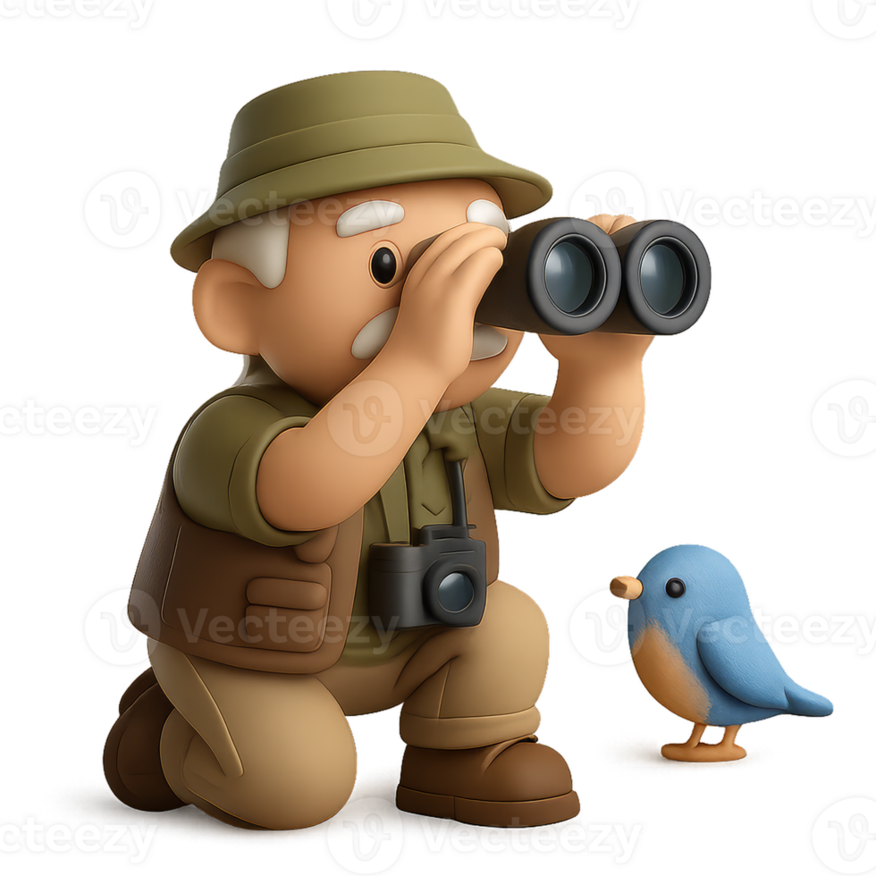 Charming 3D Scene of Senior Man Observing Birds with Binoculars png