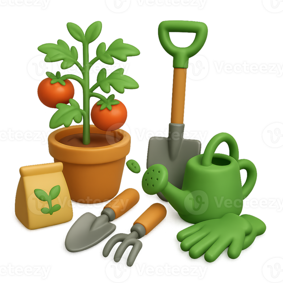 3D Gardening Tools and Tomato Plant Illustration for Delightful Projects png