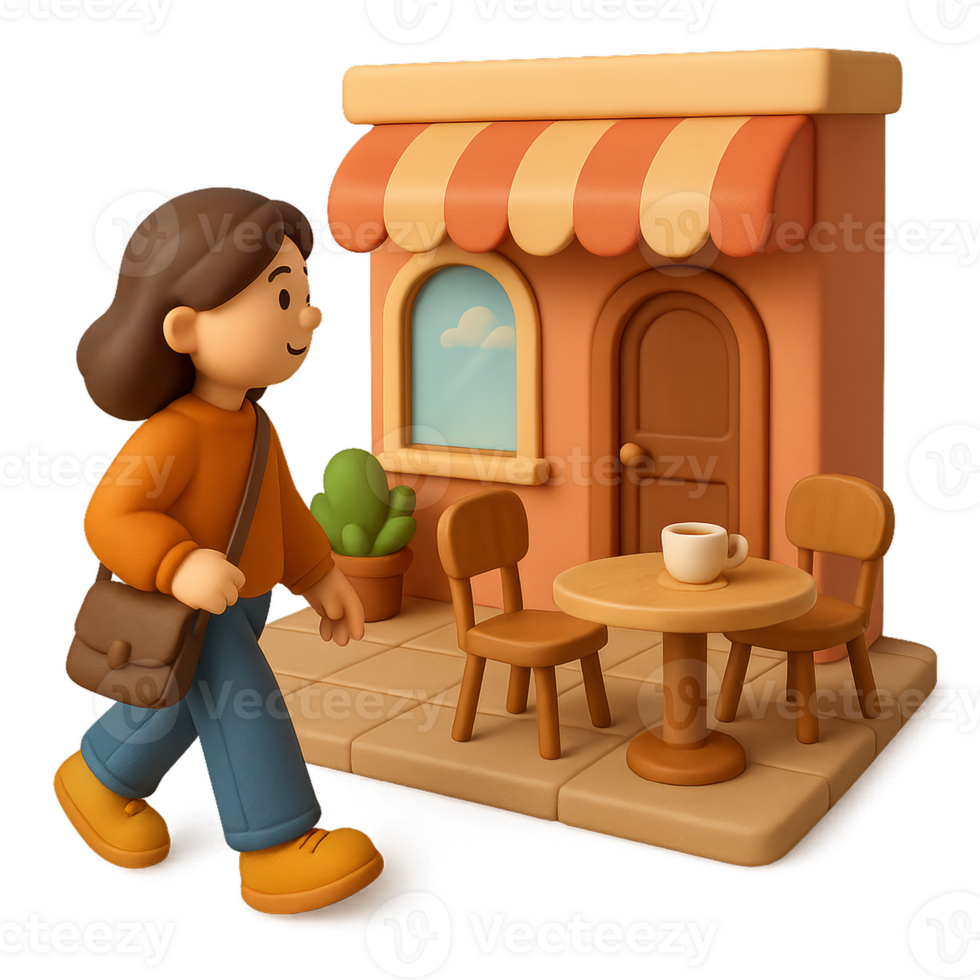 Charming 3D Cafe Scene Featuring a Young Person and Cozy Ambiance png