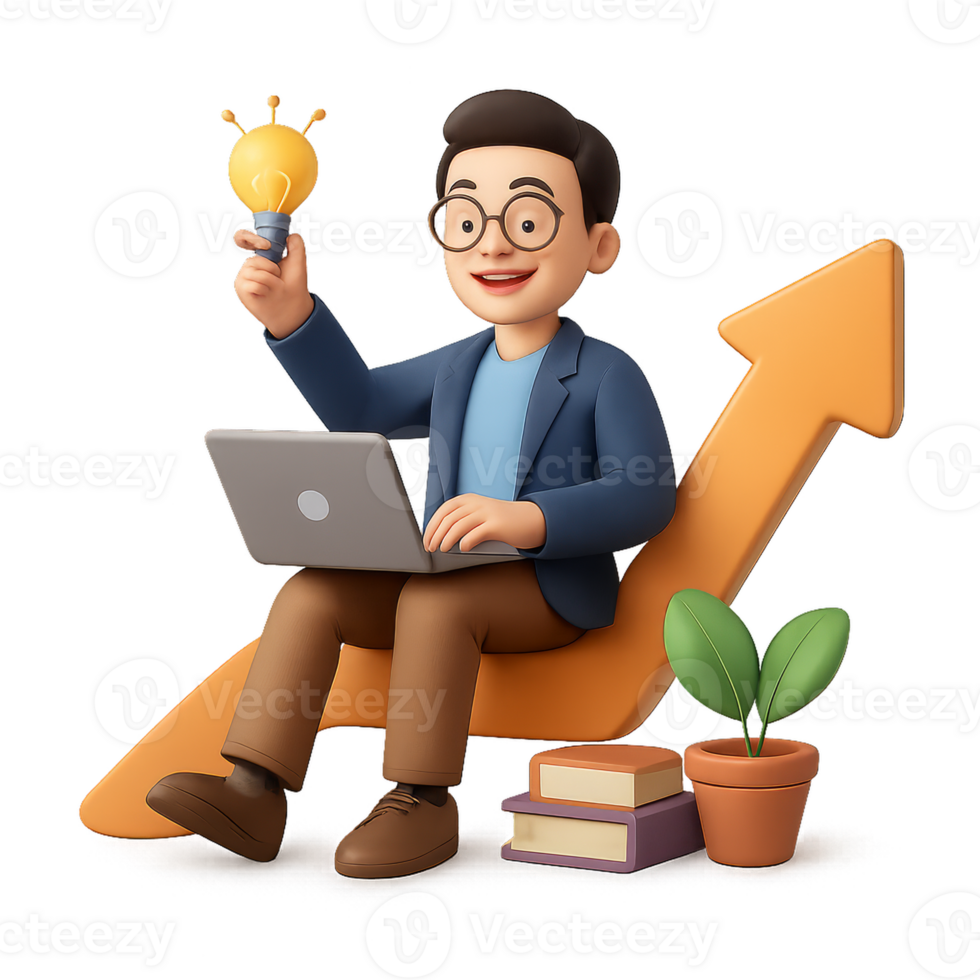3D Silhouette of Founder with Laptop and Lightbulb for Success png