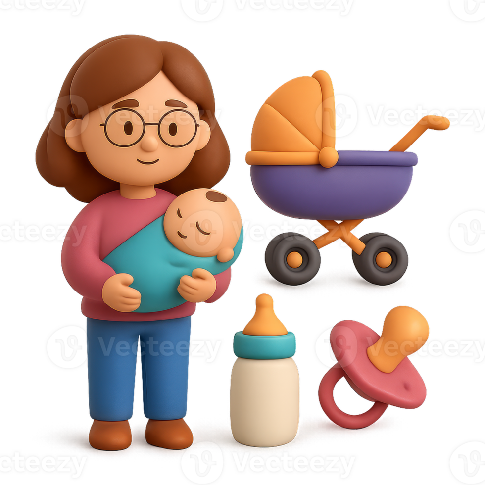 Sweet 3D Character Holding Baby with Toy Stroller and Accessories png