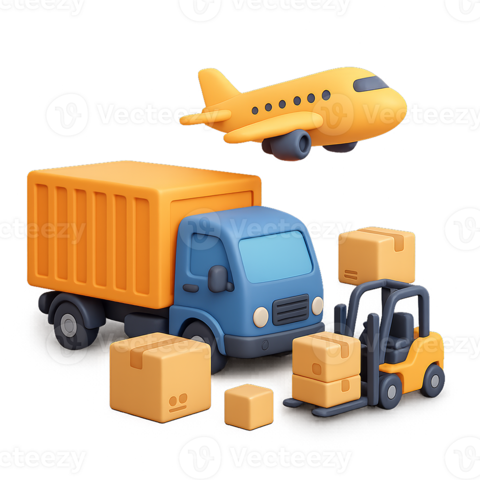 3D Logistics Visualization with Truck, Forklift, and Airplane Elements png