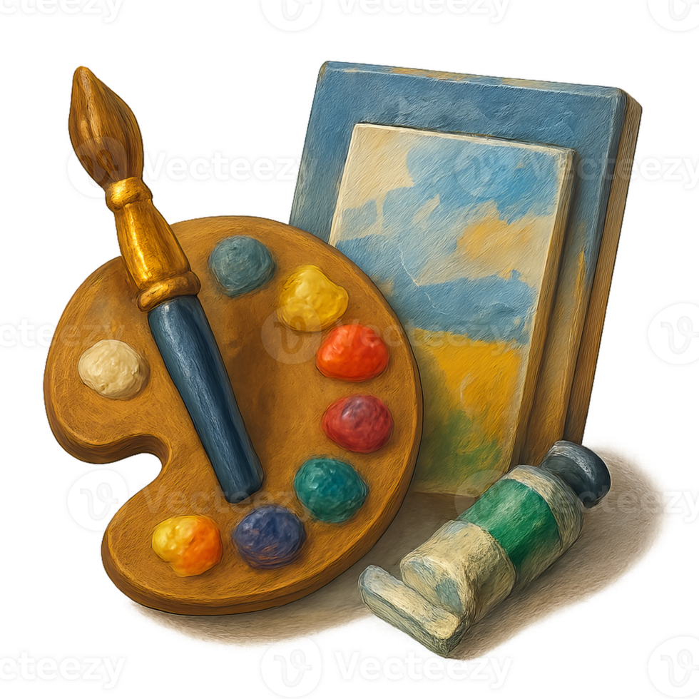 Artistic Palette with Paint Tubes and Canvas in 3D Style Artwork png