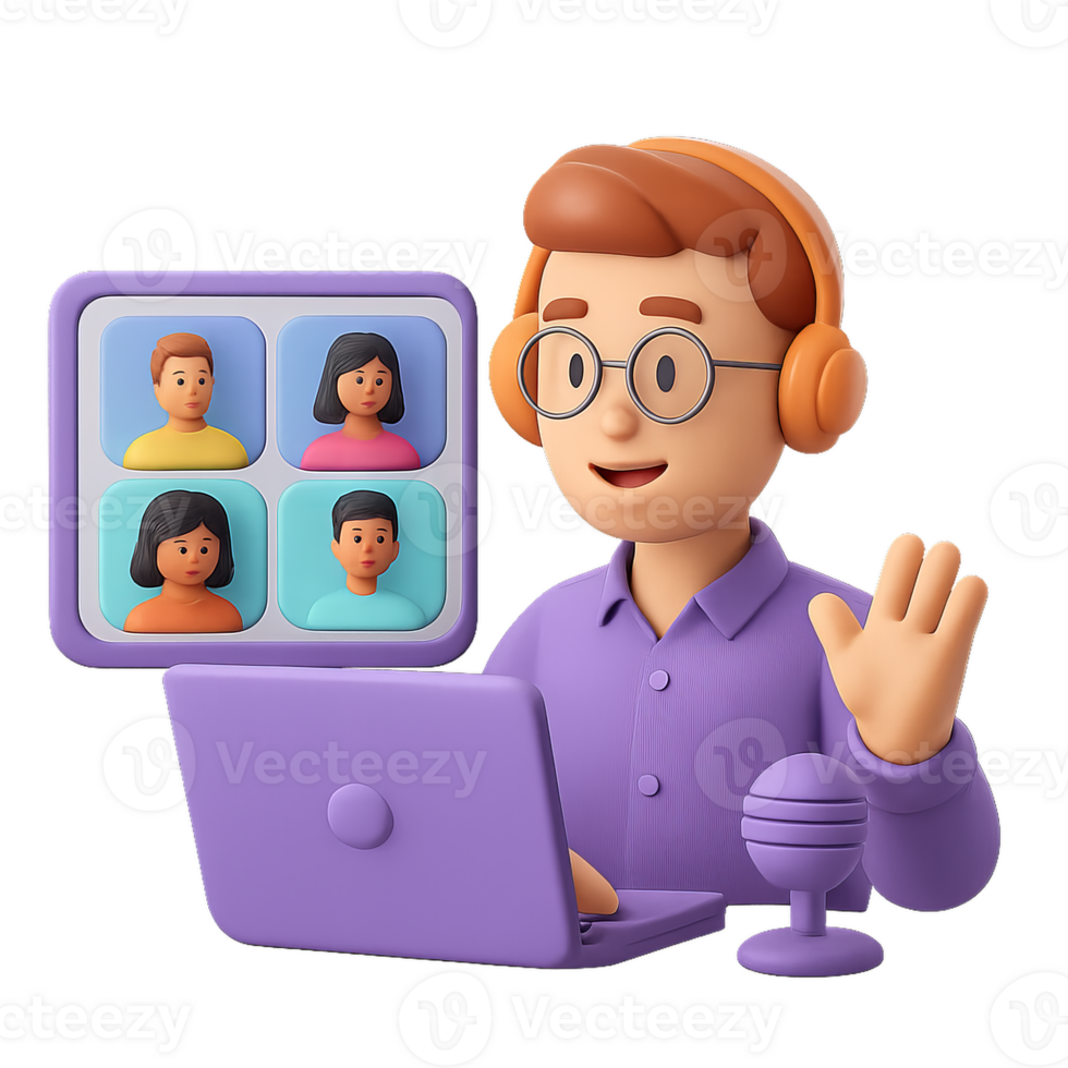 Engaging 3D Virtual Meeting with Animated Characters and Laptop png