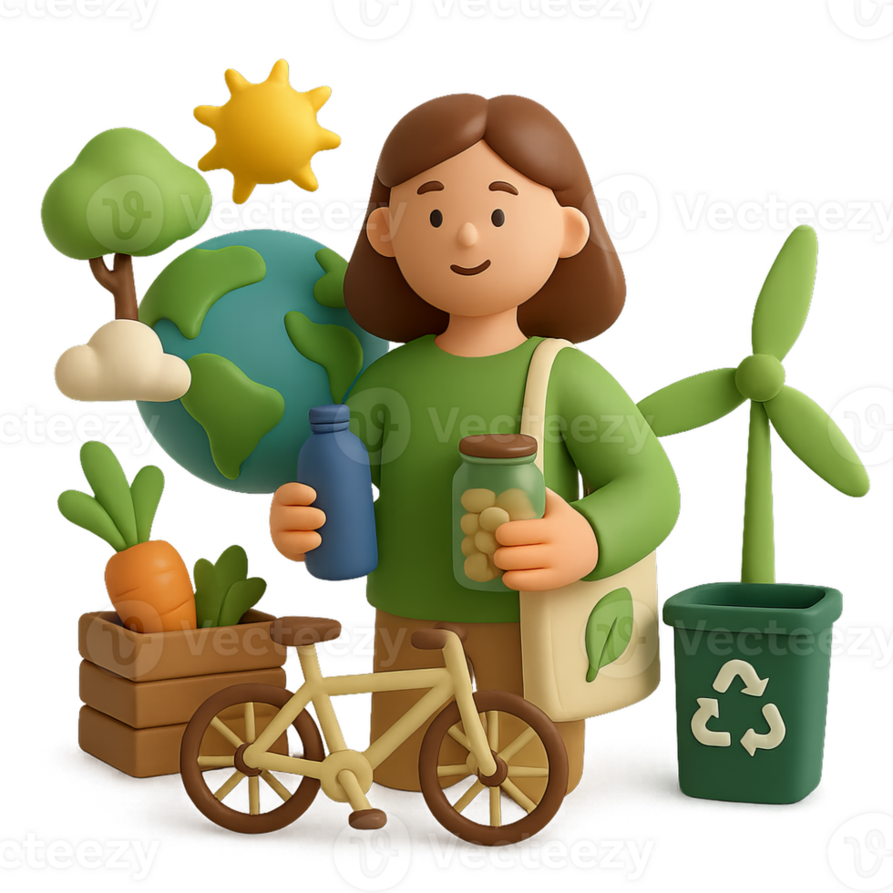 Eco-Friendly Lifestyle Illustration with 3D Elements and Simple Design png