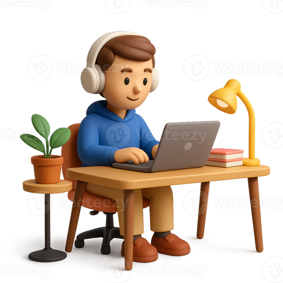 Cozy 3D Scene of Remote Work with a Young Man at a Desk png