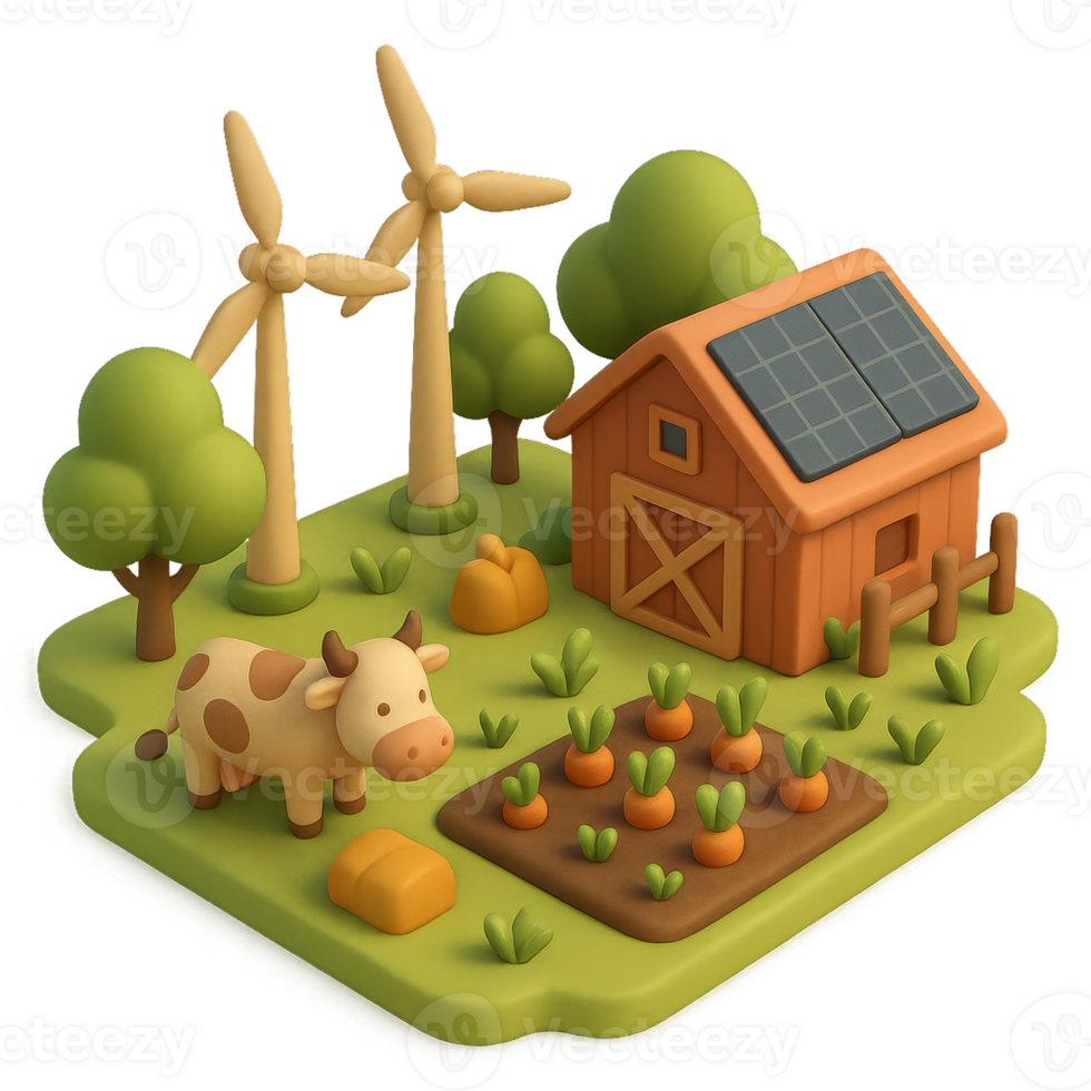Eco-Friendly 3D Farm Scene with Wind Turbines and Barn png