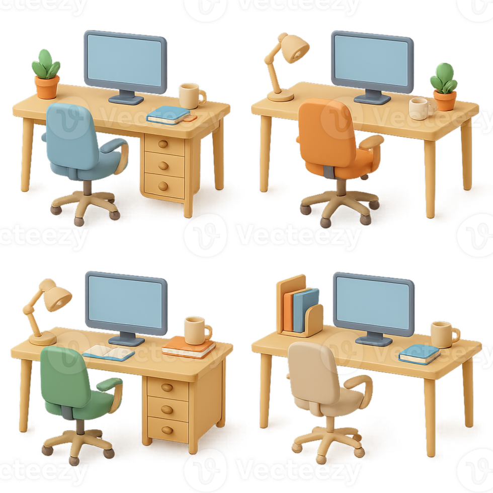 Simple 3D Home Office Desk Setup with Monitors and Chairs png