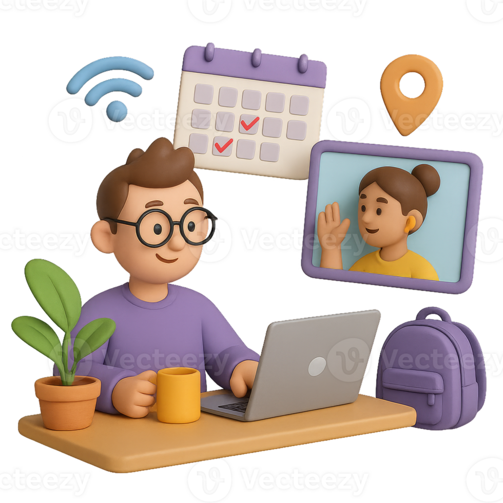 3D Illustration of Remote Work Concept with Laptop and Characters png