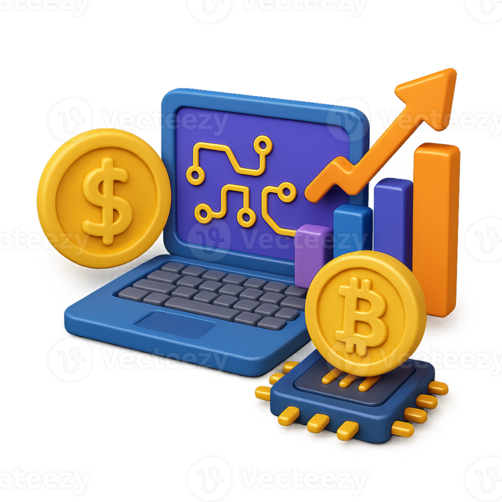 3D Finance Sphere with Laptop, Graphs, and Coins in Simple Design png