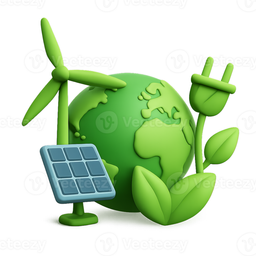 3D Green Technology Concept with Solar Panel and Wind Turbine png