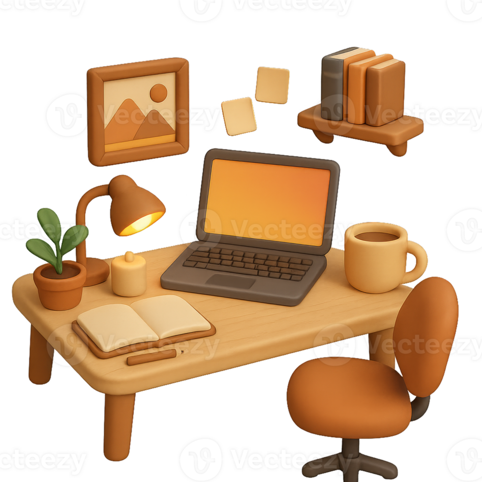 Cozy 3D Workspace Design with Laptop, Books, and Stationery Items png