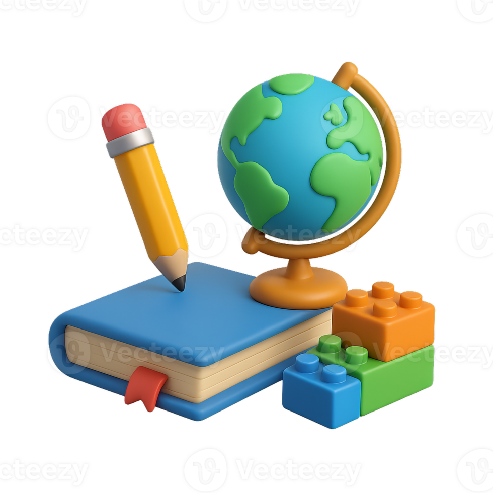 3D Learning Visualization with a Book, Globe, and Building Blocks png