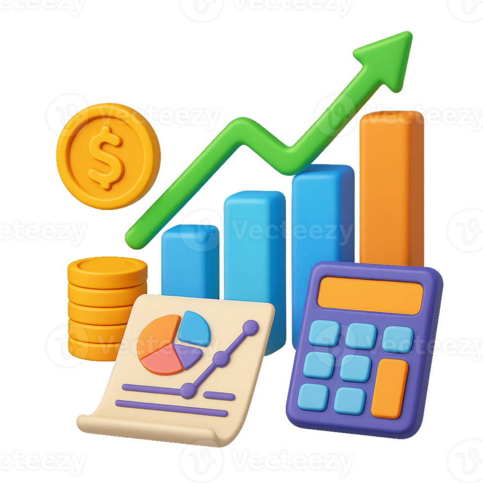 3D Financial Growth Concept with Calculator and Graphical Elements png