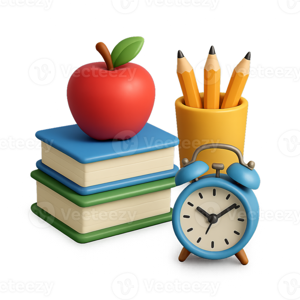 Colorful 3D Model of Books, Apple, Clock, and Pencils on a Desk png