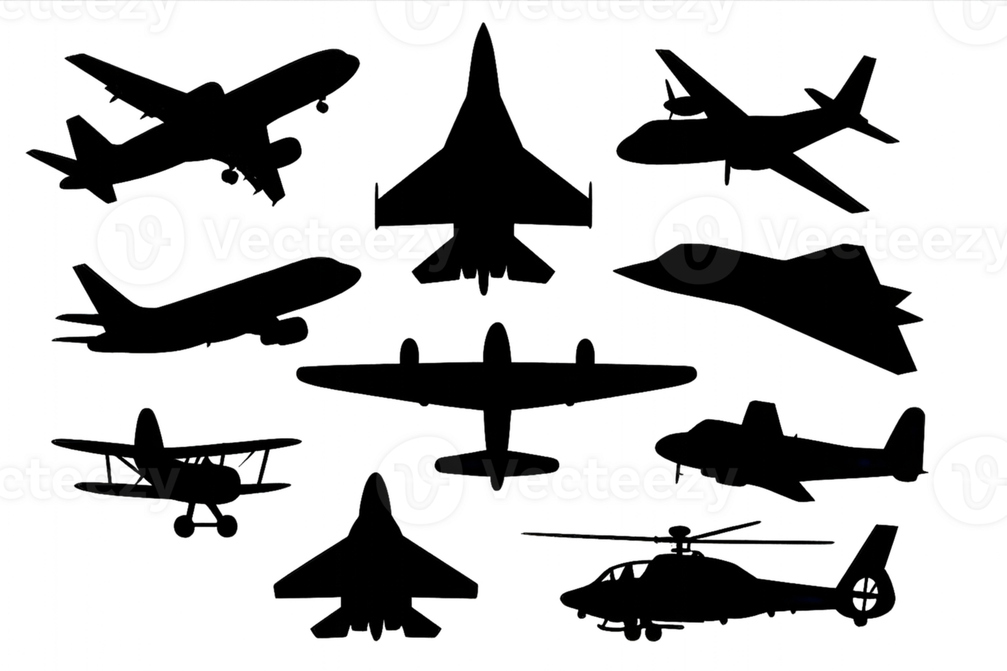 Shapes of Different Aircraft in Silhouette Form Against a Plain Background png