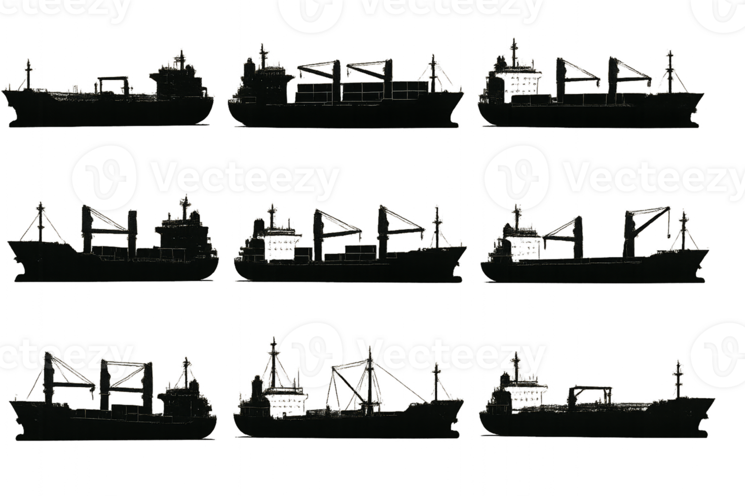 Collection of Silhouettes of Cargo Ships in Various Positions png
