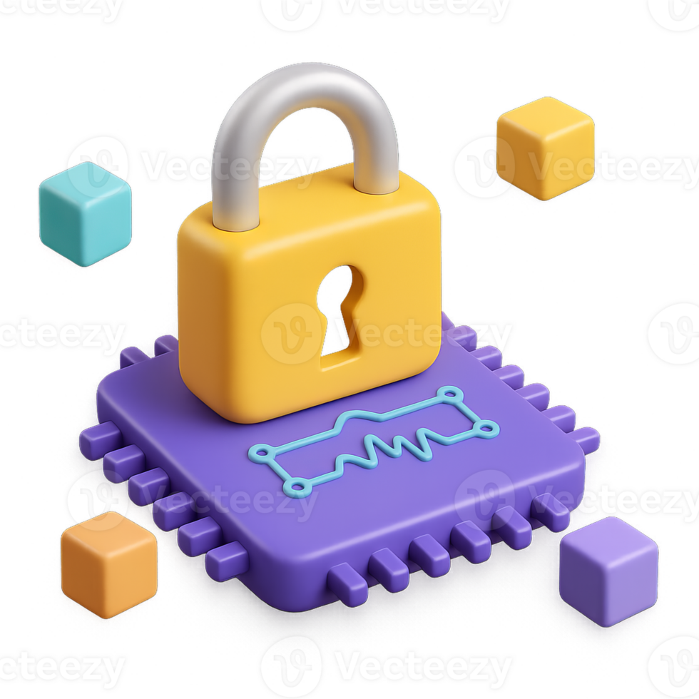 Visualization of Quantum Cryptography Concept with Lock and Chip png