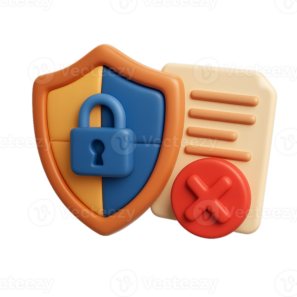 3D Shield with Lock Icon and Document Representing Disinformation png