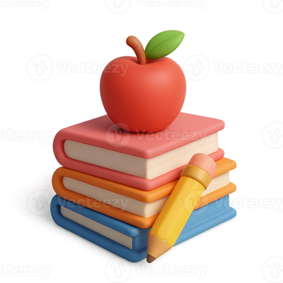 Colorful 3D Model of Books and an Apple with a Pencil on Top png