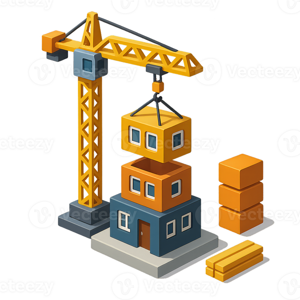 3D Modular Construction Scene with Crane and Building Blocks png