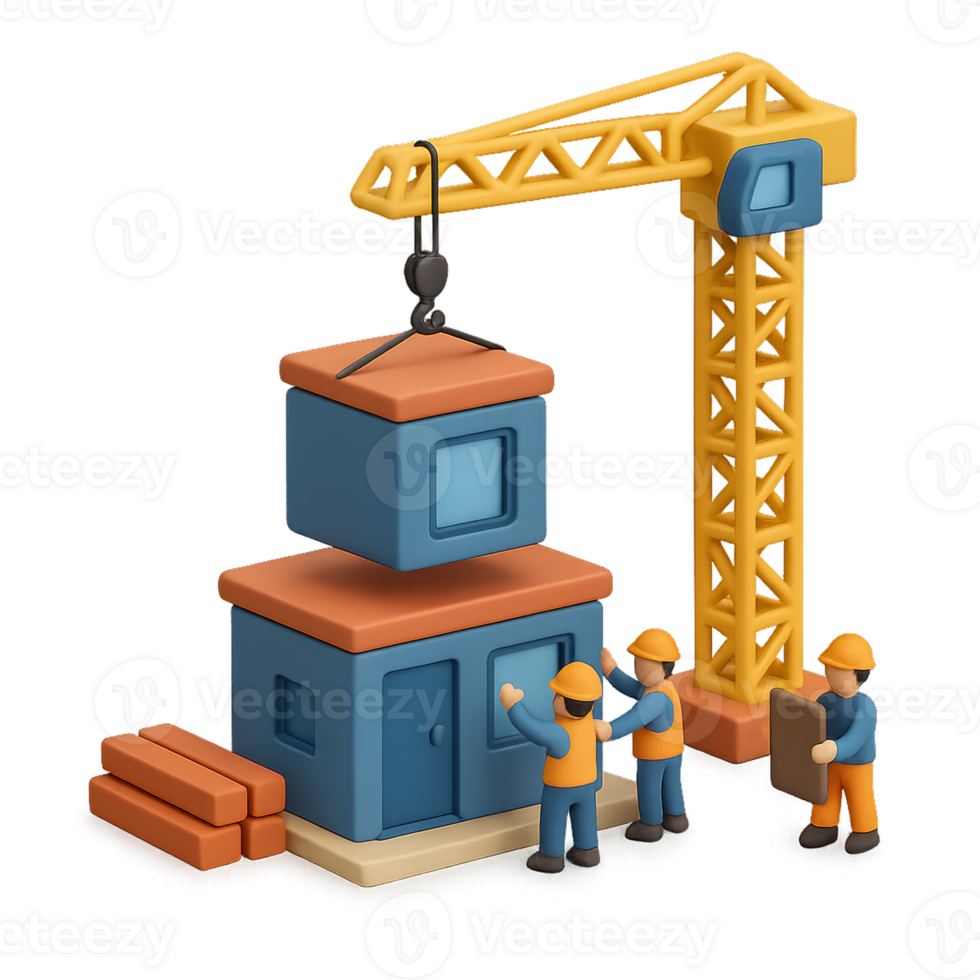 3D Modular Construction Scene with Workers and Crane Equipment png
