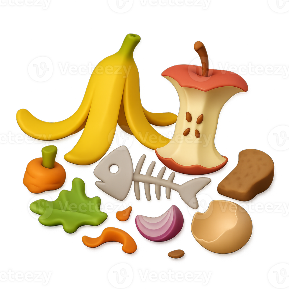 Colorful 3D Representation of Food Waste with Various Ingredients png