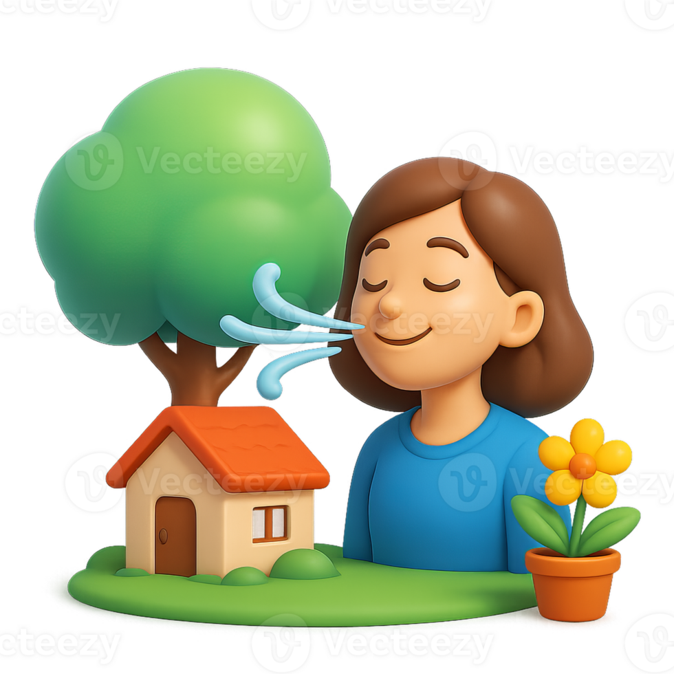 Serene Woman Enjoying Fresh Air with Tree and Flower Pot png