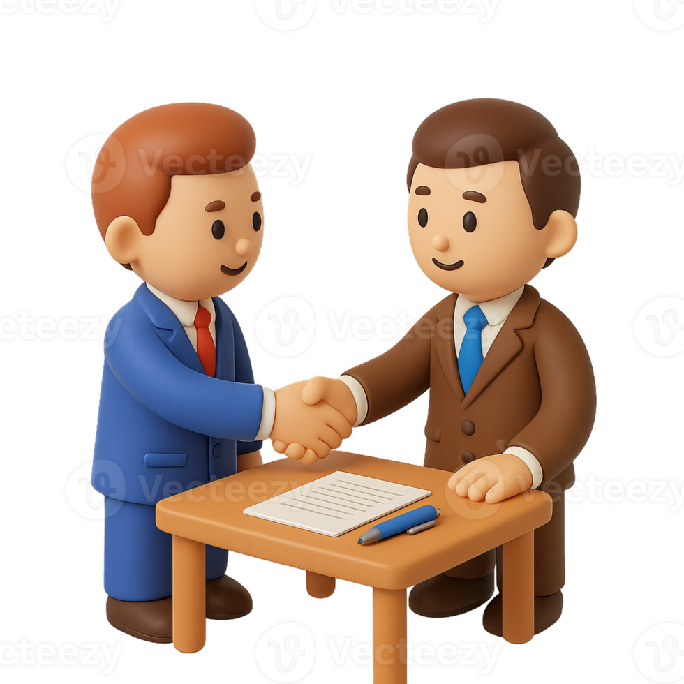 Cartoon Characters in 3D Negotiation Scene with Handshake png