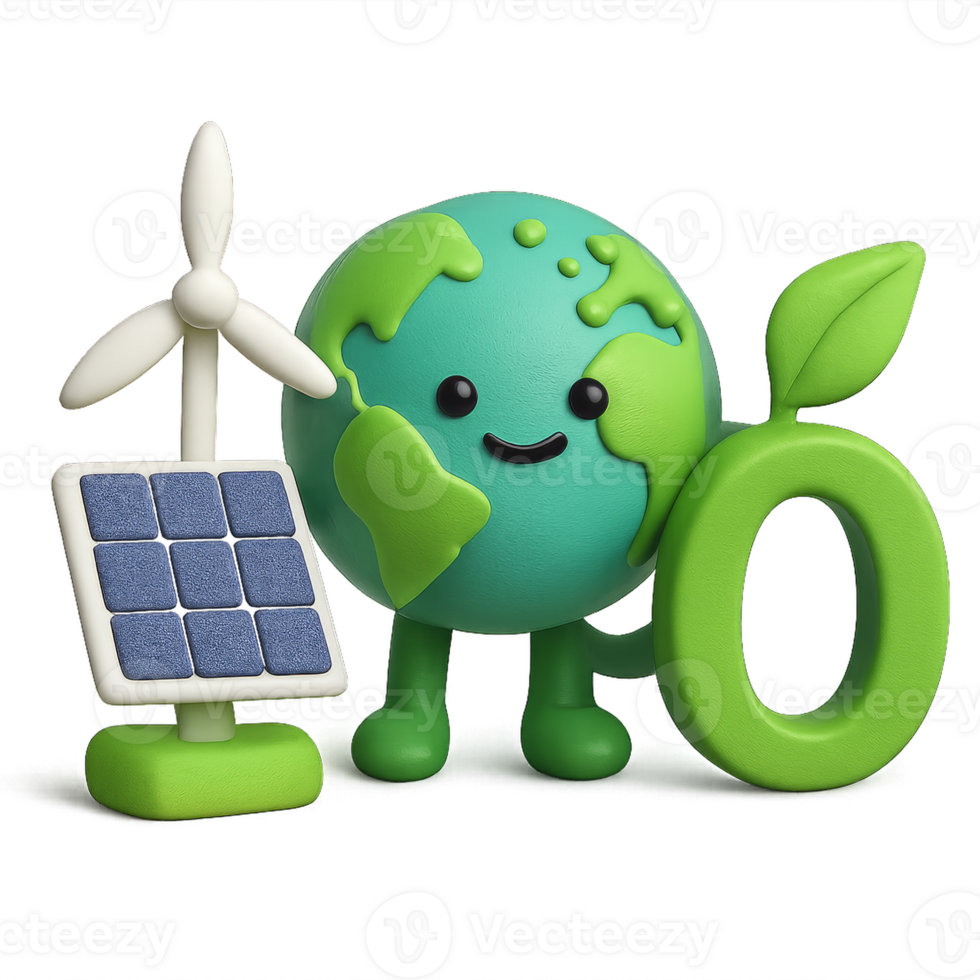 3D Cute Earth Character with Wind Turbine and Solar Panel png