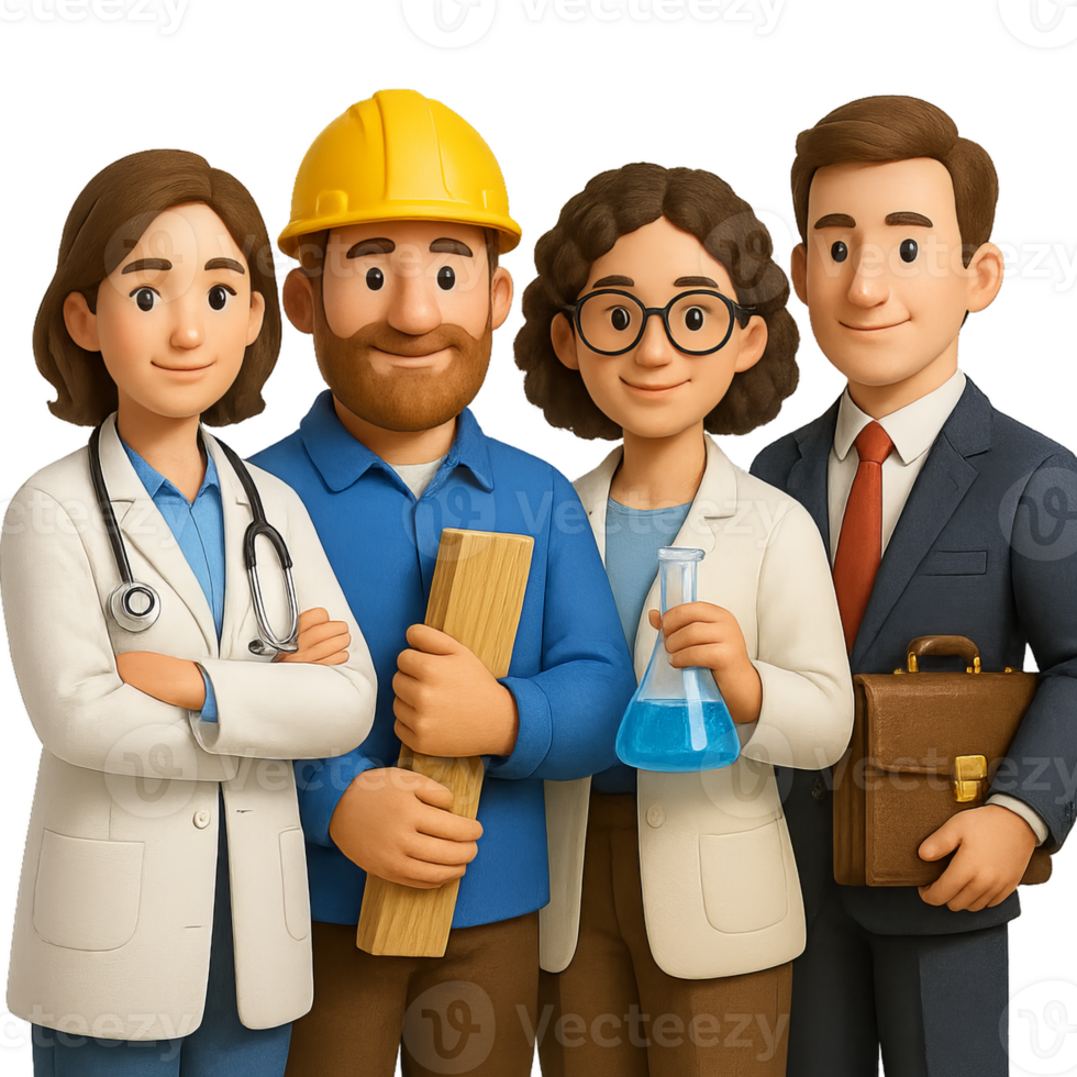 Diverse 3D Characters in Professional Outfits for Various Fields png