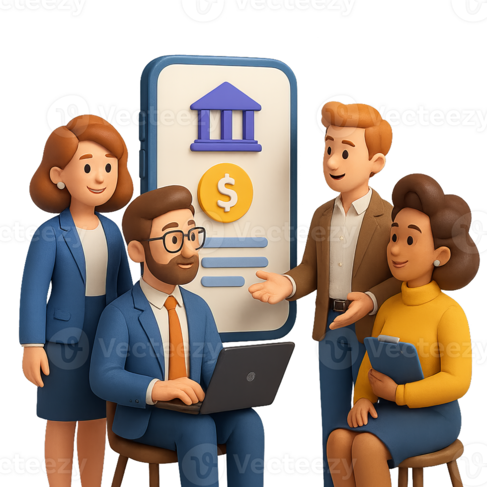 Professional Team in 3D Banking Design with Laptop and Smartphone png