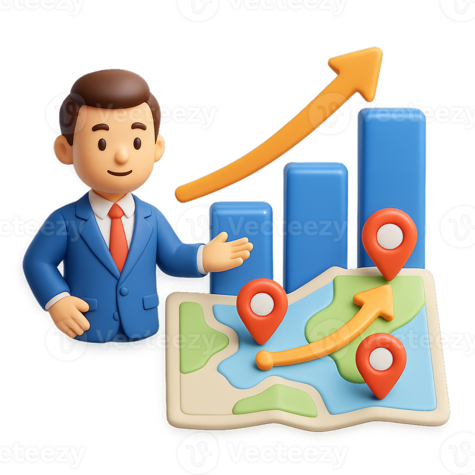 3D Business Growth Expansion Concept with Map and Graph Elements png