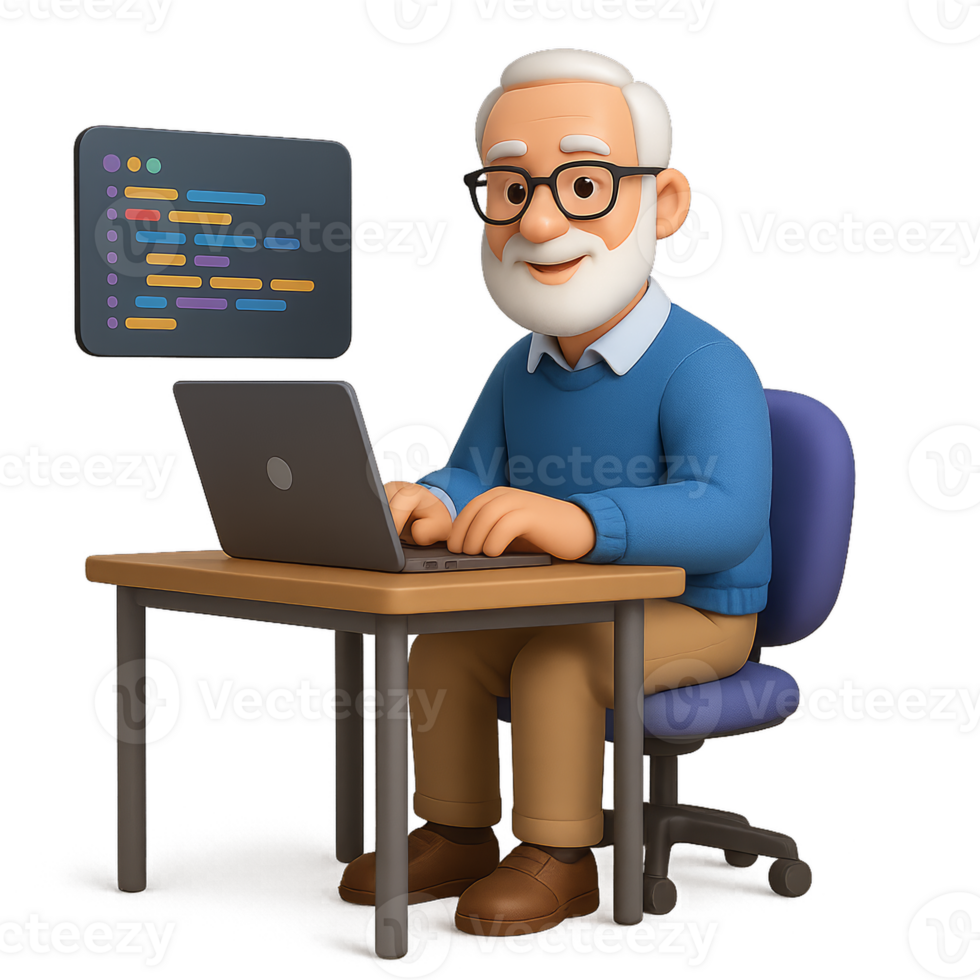 3D Software Engineer in Action at Computer Desk with Code Display png