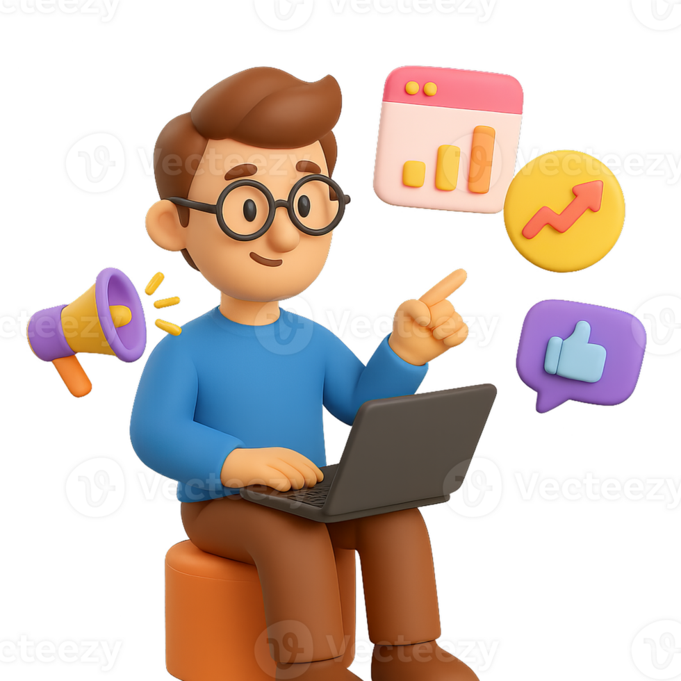 3D Digital Marketer Working on Laptop with Data Visualization Graphics png